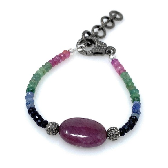 Natural Ruby, Emerald and Sapphire Pave Diamond Bracelet - Picture 2 of 9